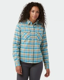 Stio Women's Willow Midweight Flannel Shirt -Stio Shop Online W Willow Midweight Flannel Shirt Wind River Blue Plaid 1