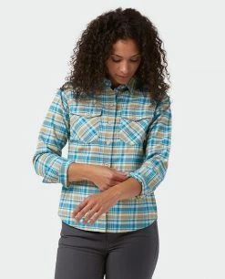 Stio Women's Willow Midweight Flannel Shirt -Stio Shop Online W Willow Midweight Flannel Shirt Wind River Blue Plaid 2