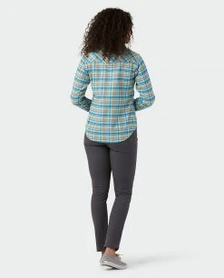 Stio Women's Willow Midweight Flannel Shirt -Stio Shop Online W Willow Midweight Flannel Shirt Wind River Blue Plaid 5
